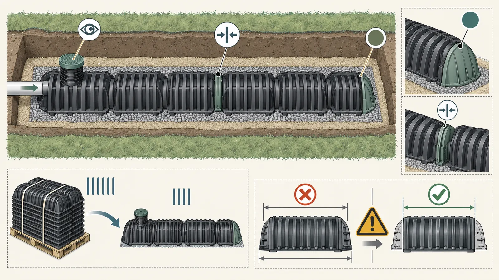 Annotated cutaway of a septic chamber row identifying the chamber body, endcaps, pipe connection, label, and effective-length records
