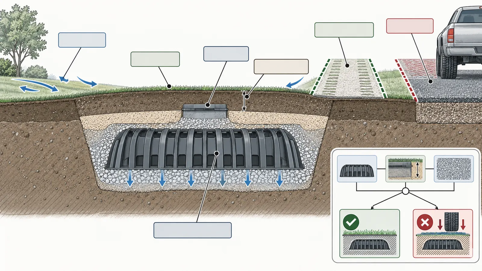 Cross-section showing septic chamber cover depth, traffic exposure, construction route, finished grade, and drainage away from the field