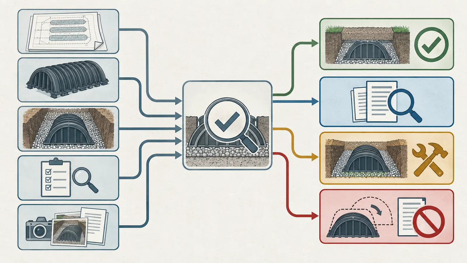 Decision map showing release, clarification, correction hold, and redesign outcomes before septic drainfield backfill