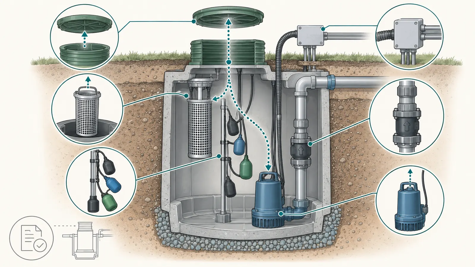 Cutaway of a pump tank showing vault, filter, floats, discharge, riser, and access path