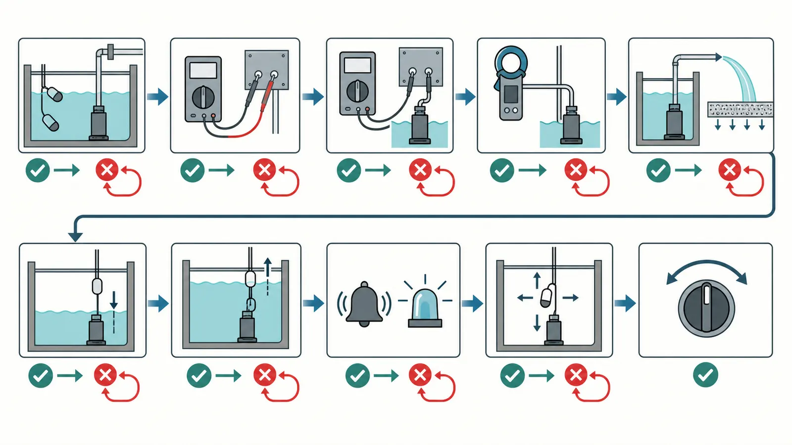 Startup sequence from no-dry-run condition through voltage, amperage, floats, alarms, and auto mode