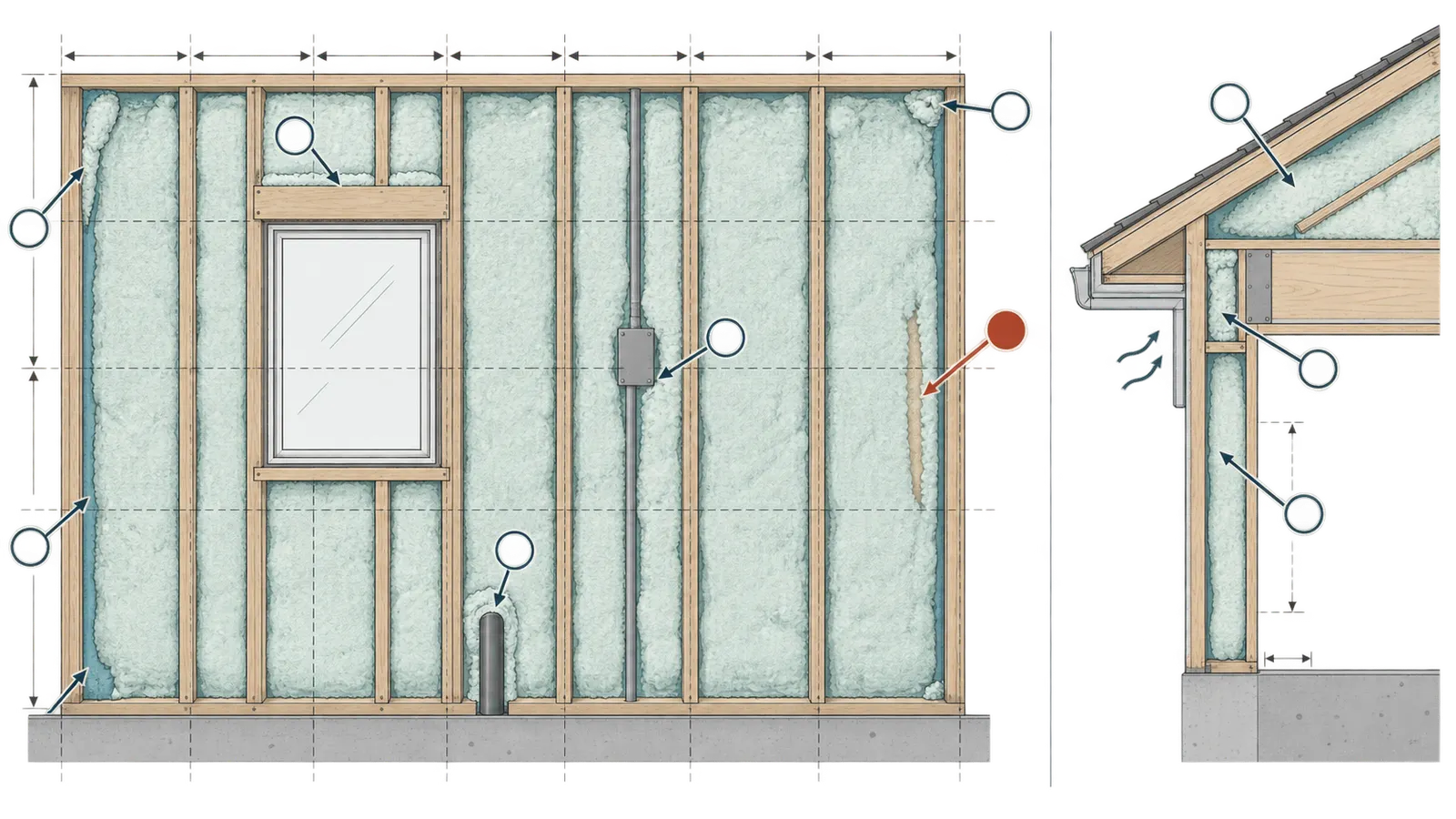 Mapped wall and roof inspection zones showing thickness readings, pass totals, transitions, penetrations, and correction locations