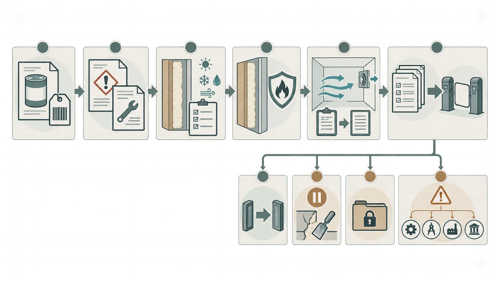Decision map routing spray foam evidence to release, correction hold, records hold, or professional escalation before drywall
