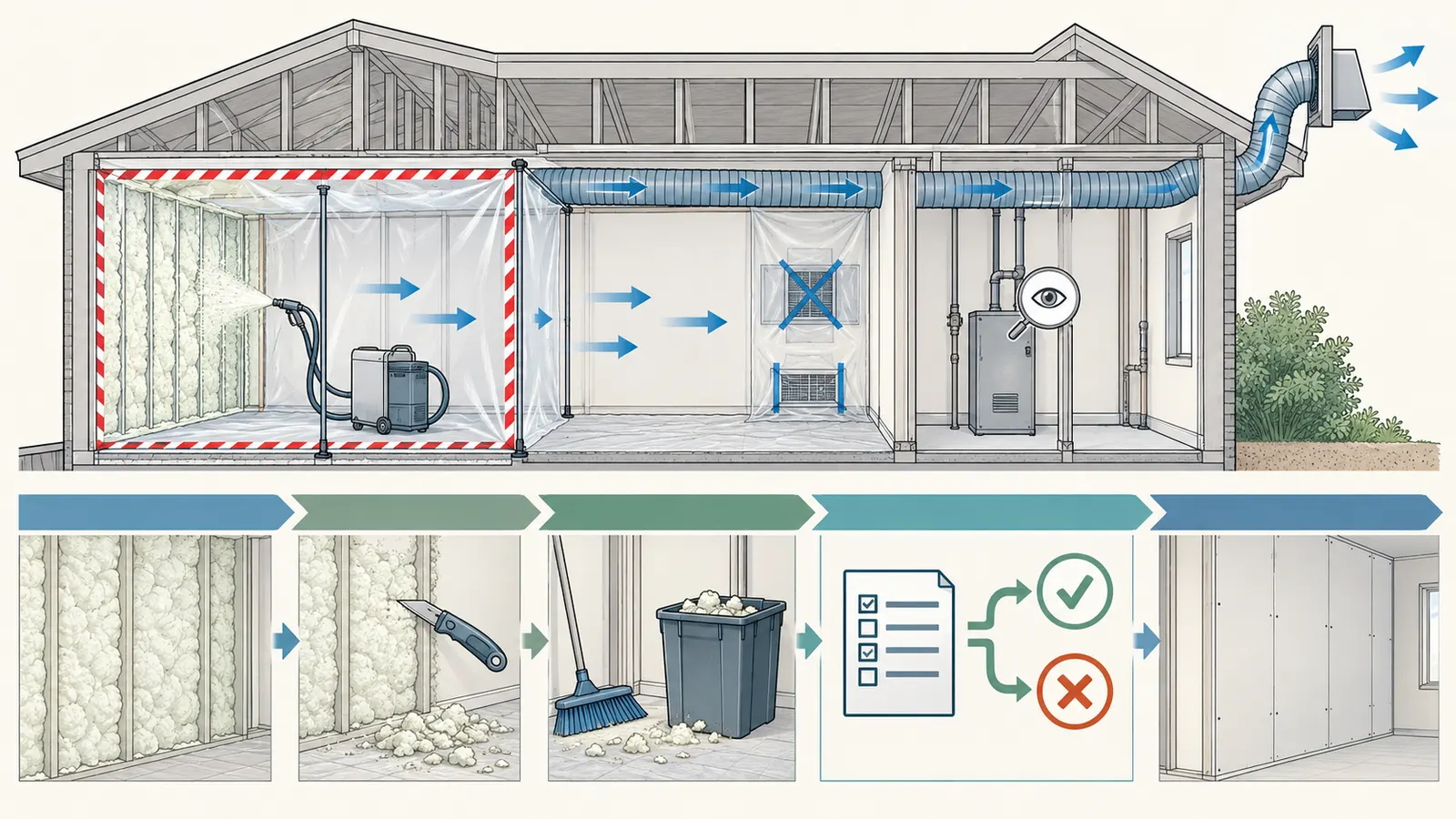 Cutaway of an isolated spray zone with controlled airflow, exterior exhaust, protected HVAC paths, cleanup, cure, and re-entry handoff
