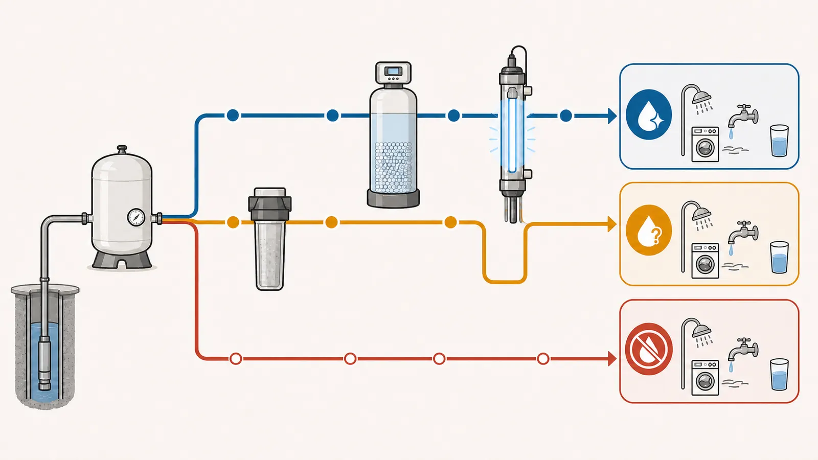 Decision map showing whether a bypass skips UV, sediment filtration, or softening