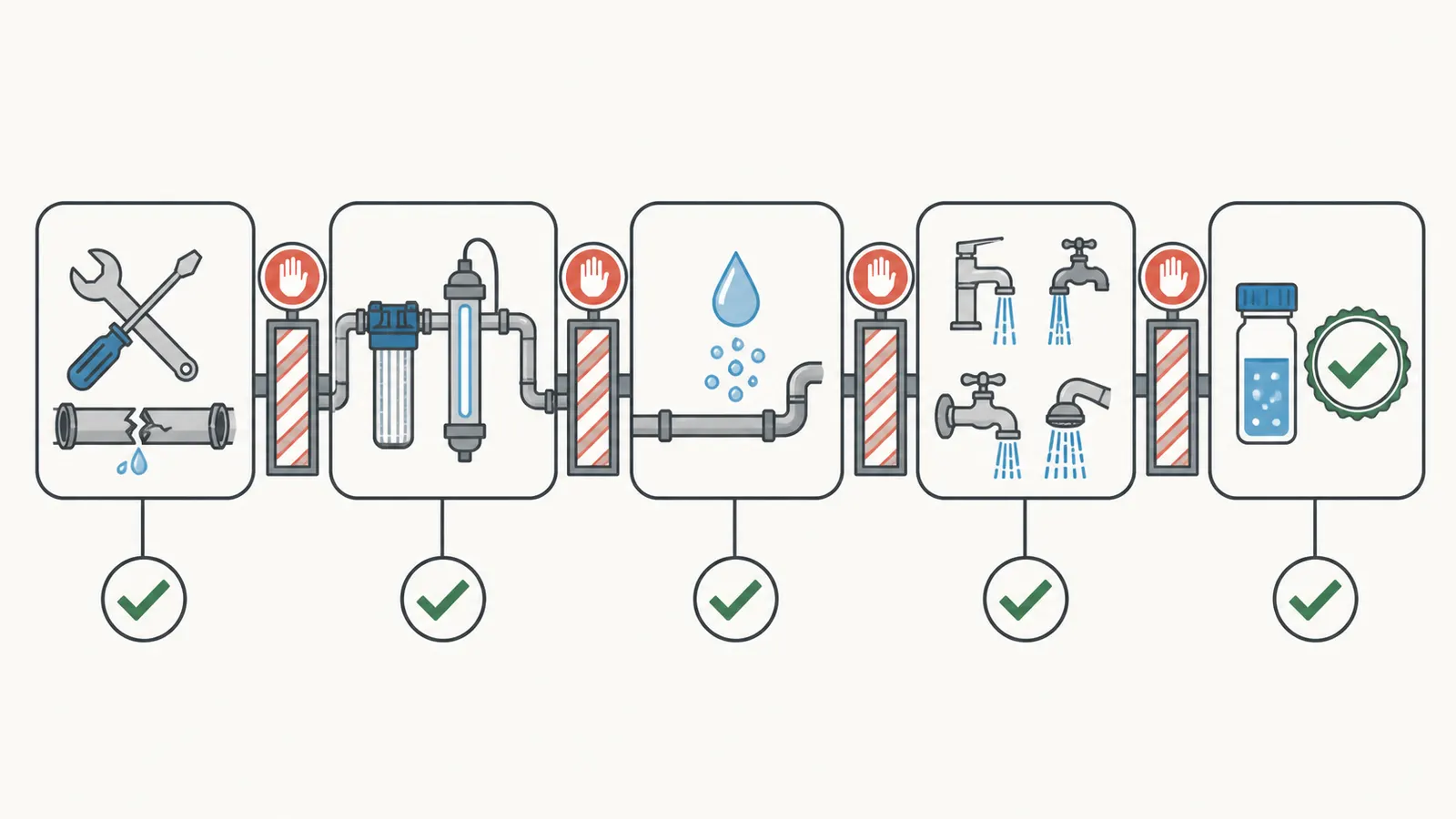 Five-gate return-to-service sequence from repair through retest