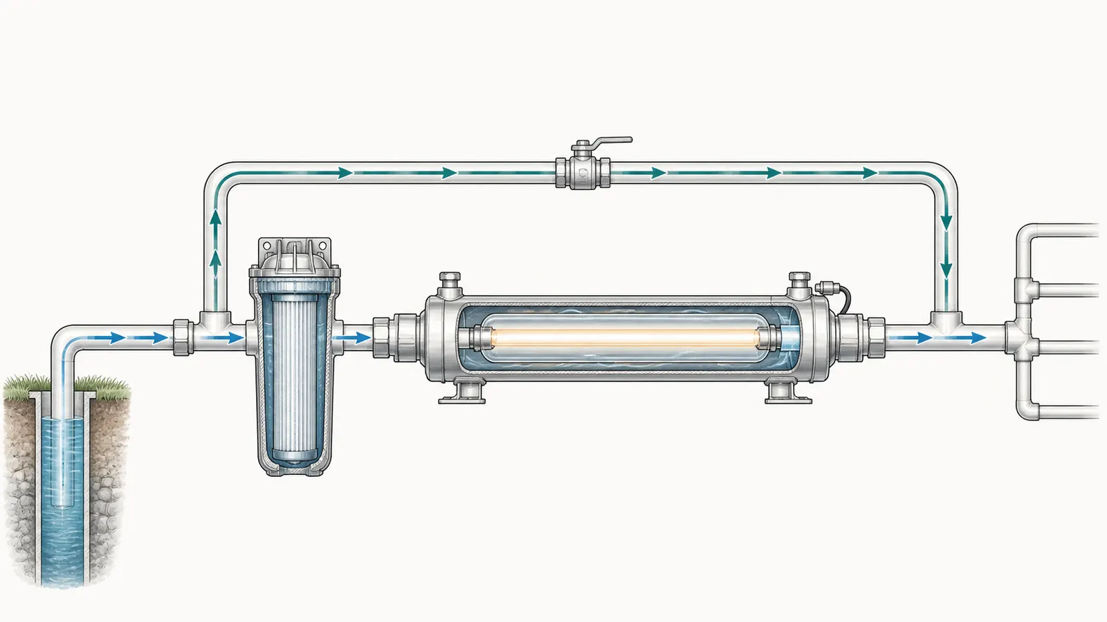 Cutaway of a point-of-entry UV chamber with the active treatment path highlighted
