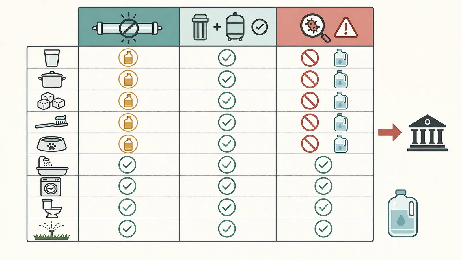 Comparison table graphic for drinking, bathing, pets, laundry, and ice during UV bypass