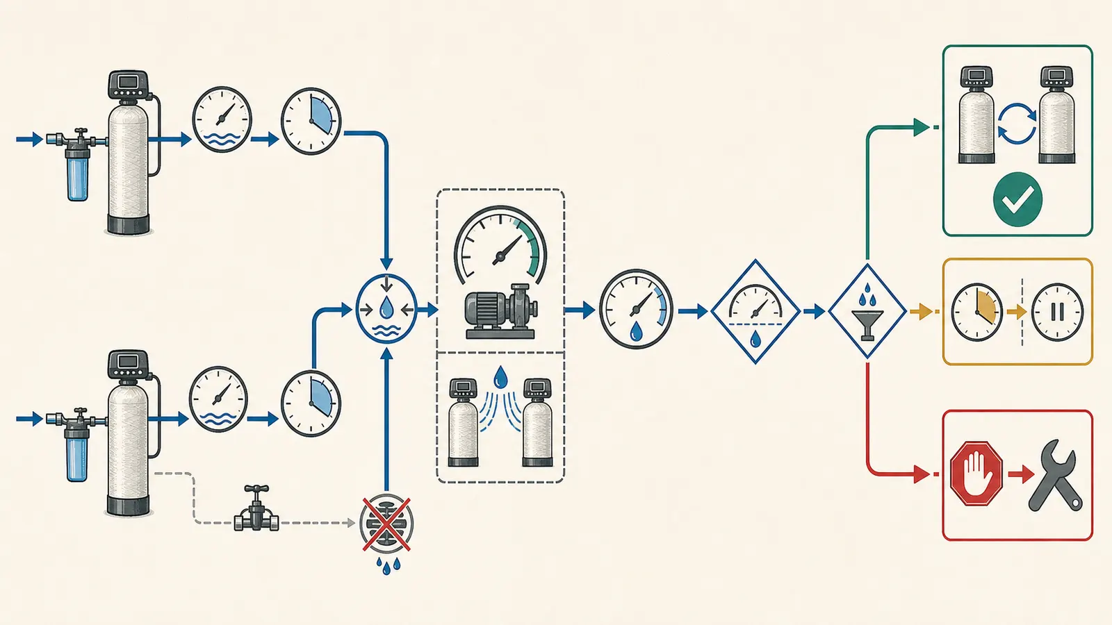Decision map comparing combined backwash demand with measured well-pump delivery and pressure recovery.