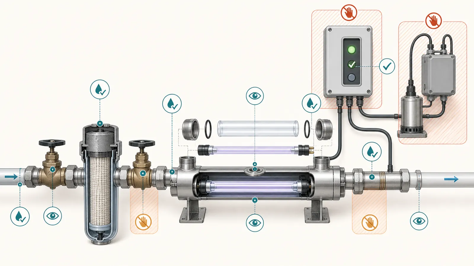 UV chamber with O-rings, sensor, prefilter, isolation valves, leak observation points, and controller status