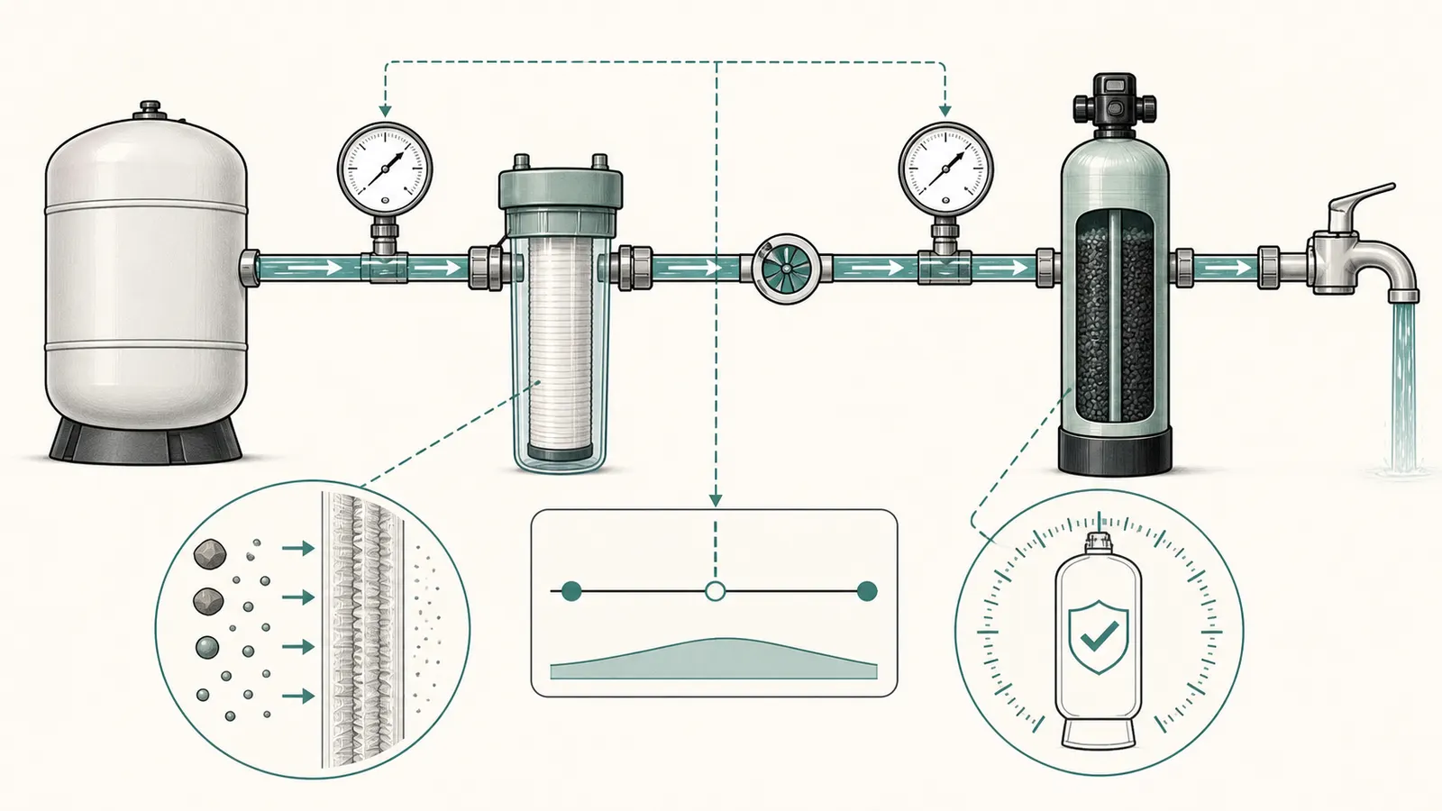 Pressure and flow measurement chain across a sediment stage and carbon filter
