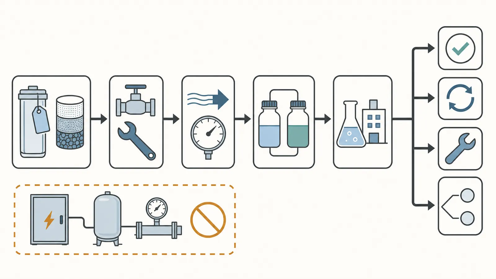 Post-install verification path from commissioning records to matched untreated and treated water tests