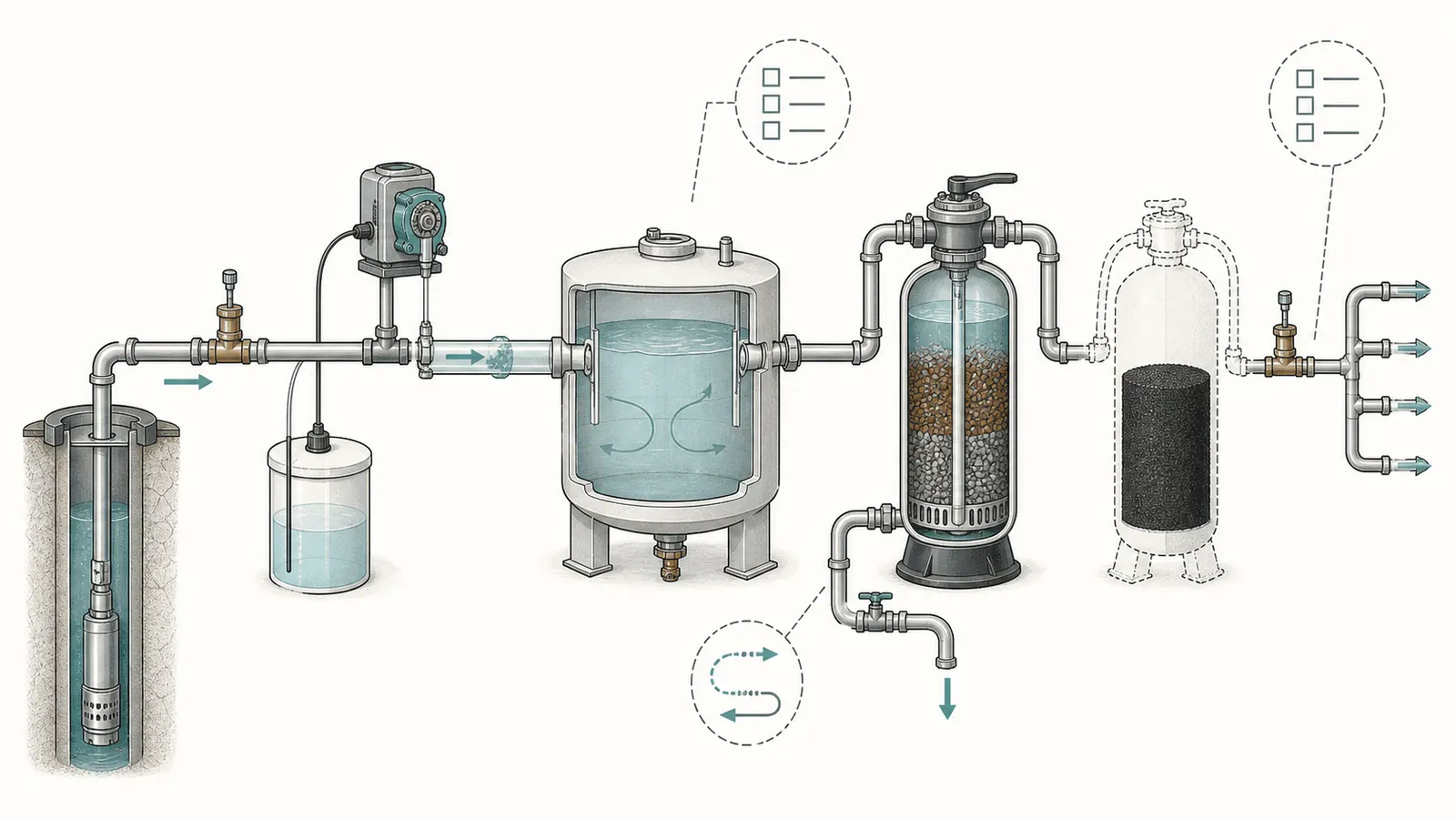 Whole-house treatment train from well pump through injection, contact tank, filter, carbon, and house