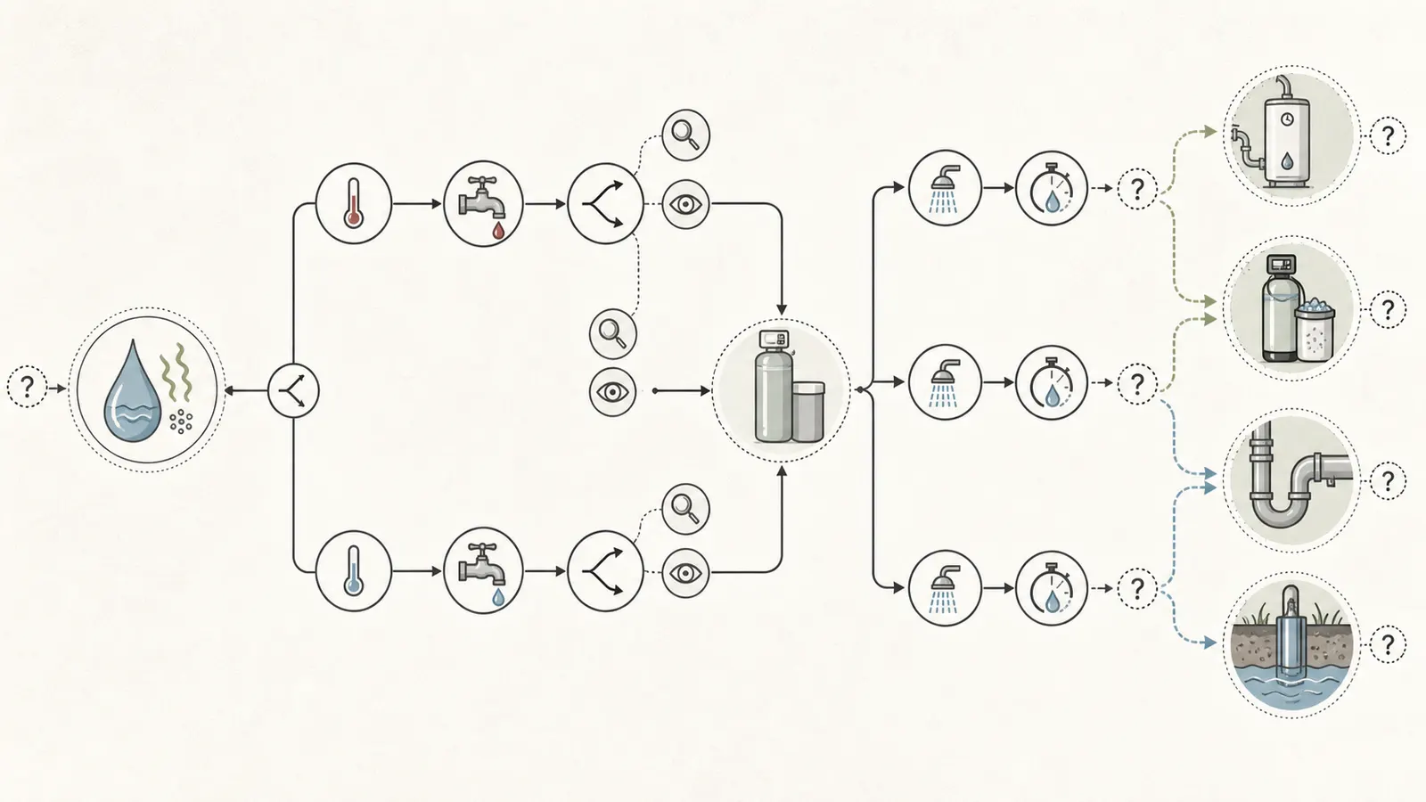 Decision map separating hot-water, softener, plumbing, and groundwater sources of rotten-egg odor