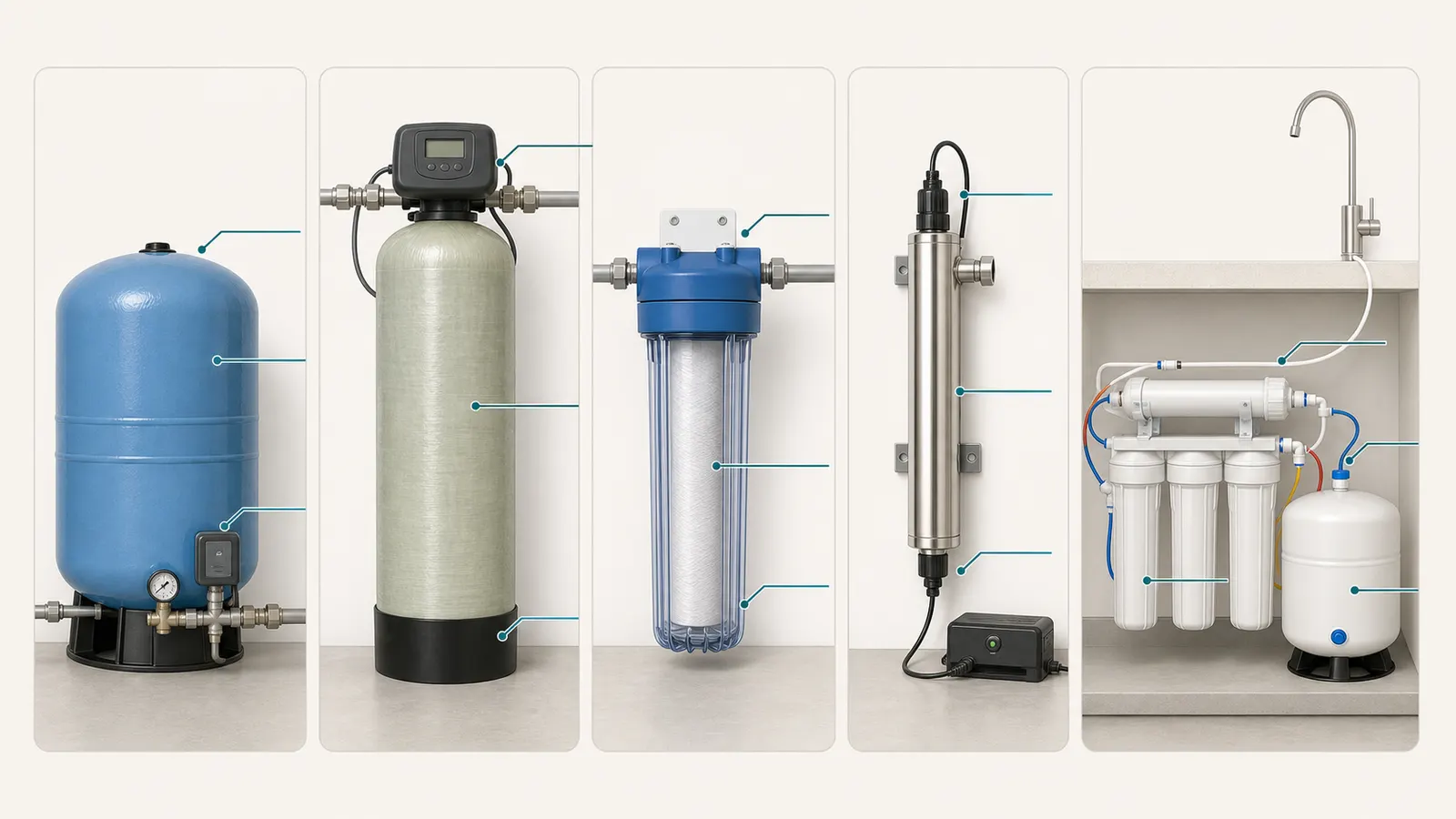 Side-by-side visual comparison of a pressure tank, media tank, cartridge housing, UV unit, and RO assembly