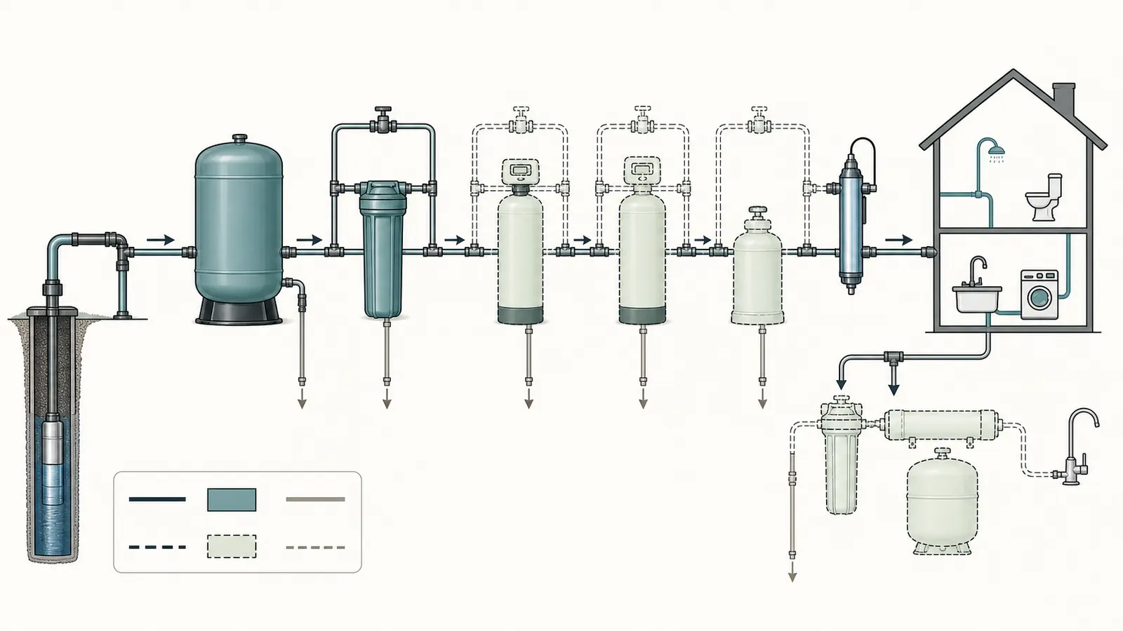 A labeled private-well water path from well and pressure tank through treatment units to household fixtures