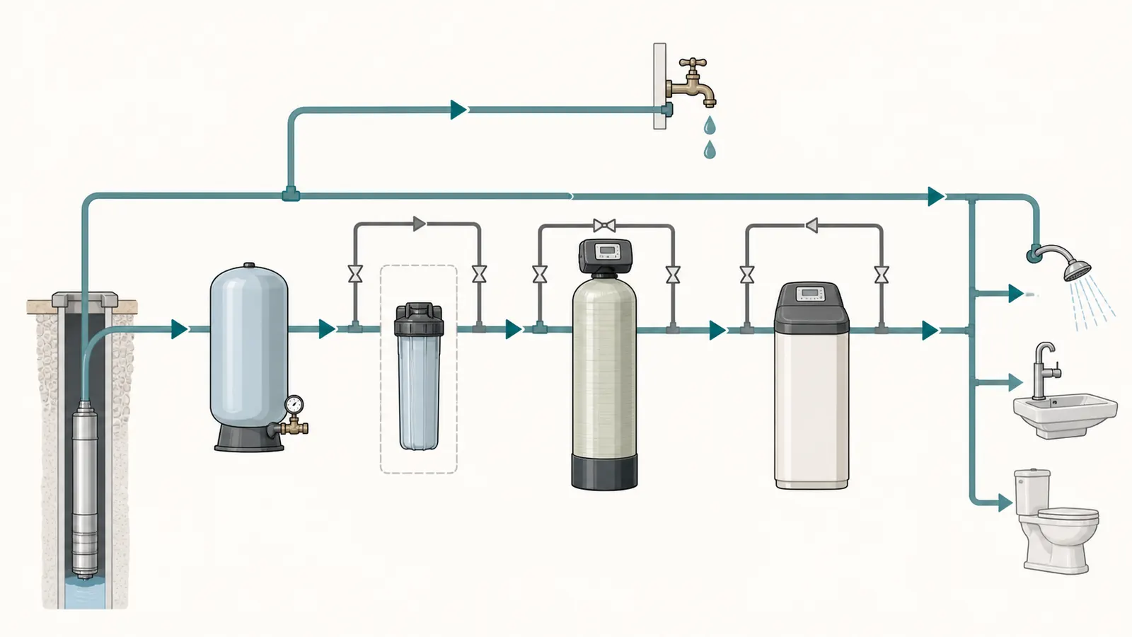 A private-well treatment train showing pretreatment before the softener and a separate bypass for outside water.
