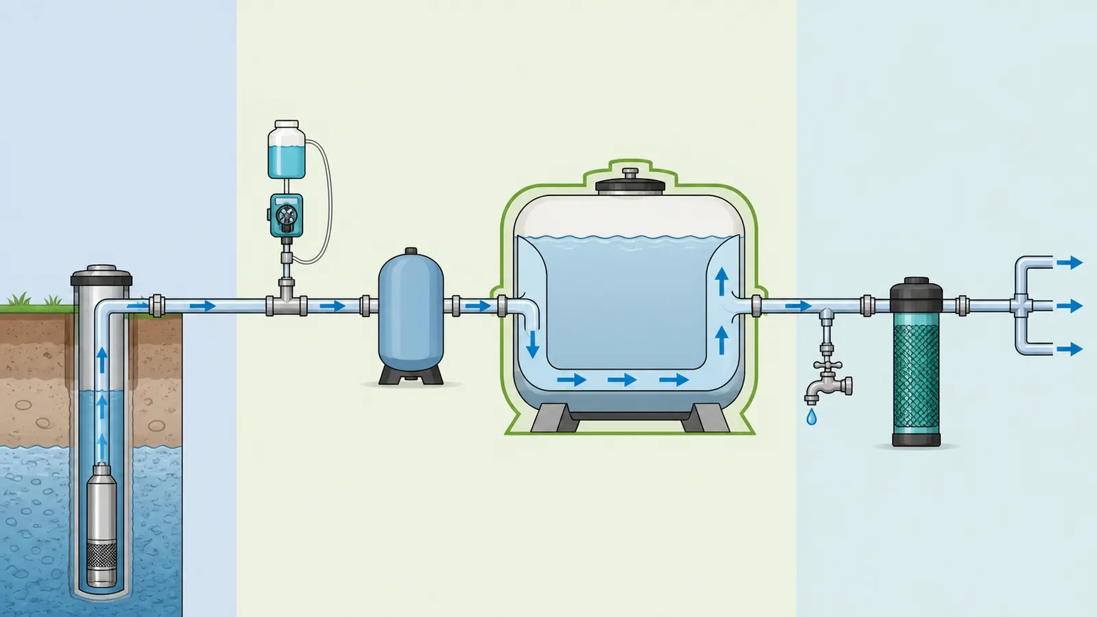 Well-water treatment train showing chlorine injection, pressure tank, contact tank, sampling point, and home