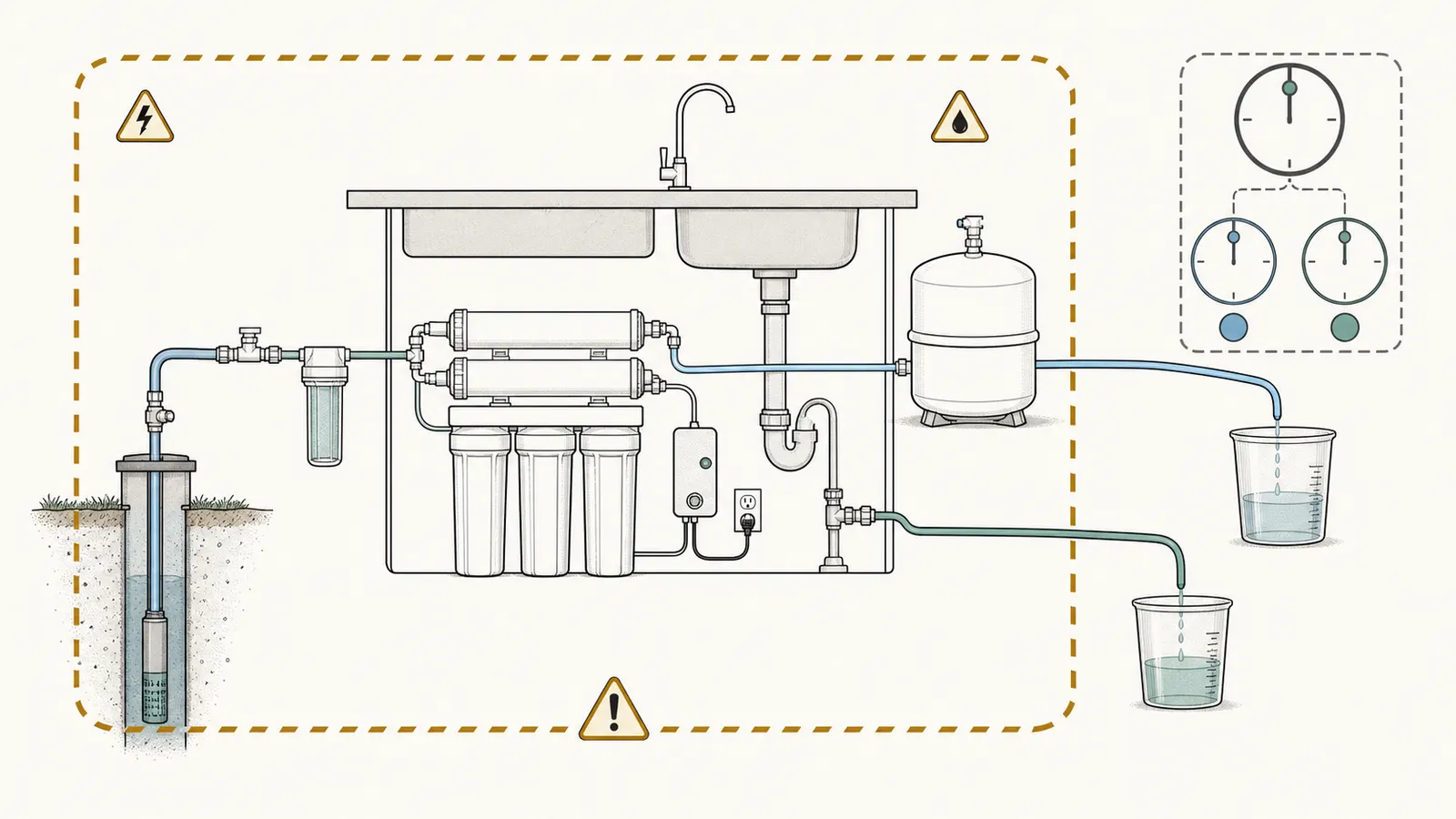 Diagram showing feed water splitting into permeate and reject streams with matched collection containers