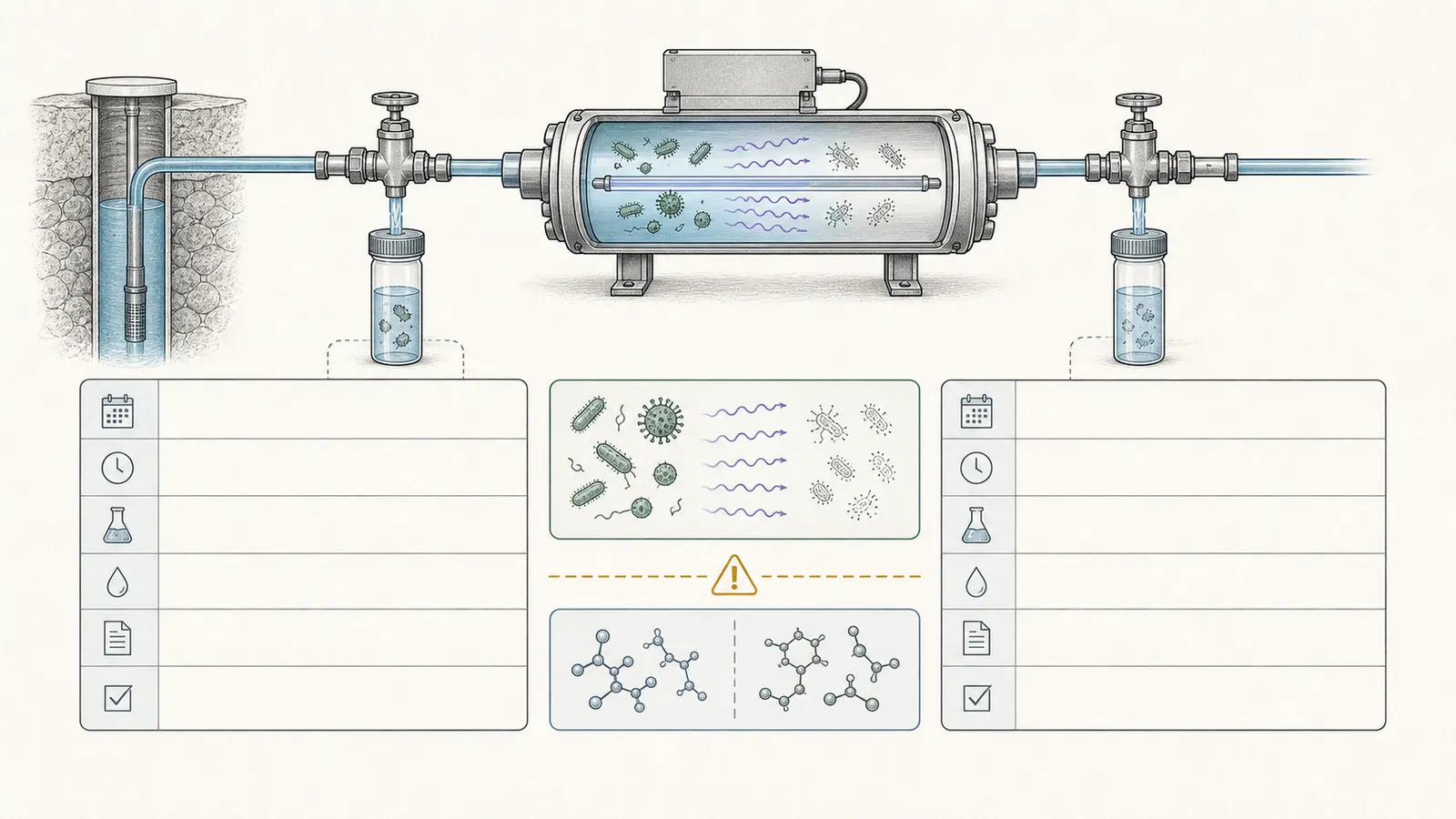 Raw-versus-treated well-water test record comparing collection point, lab result, and follow-up action