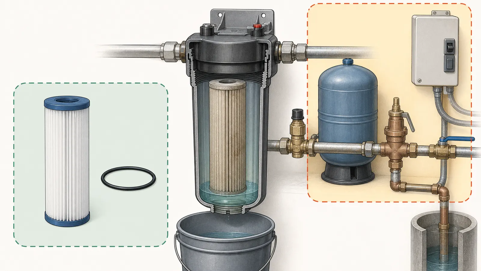 Cutaway of a cartridge housing with trapped water, bucket, o-ring, replacement cartridge, and safe hand-service boundary