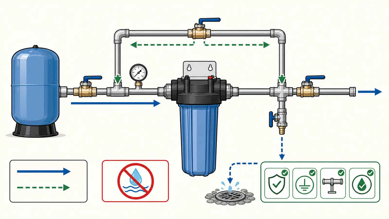 Future service layout with upstream and downstream shutoffs, bypass loop, pressure gauge, and controlled drain