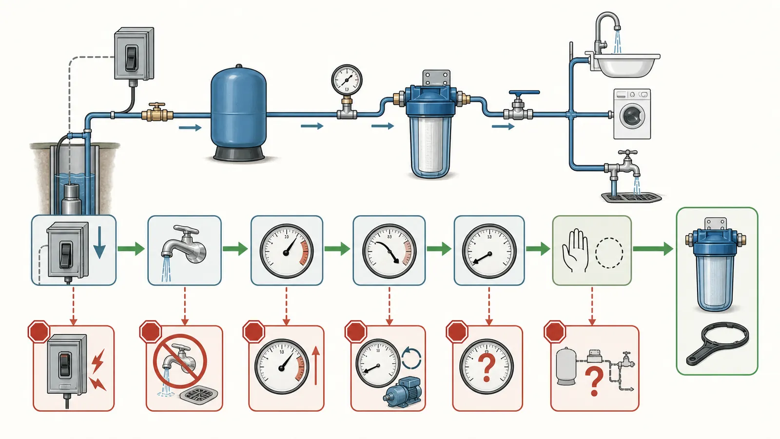 Decision map for shutting down the pump, opening a downstream fixture, and confirming zero pressure before service