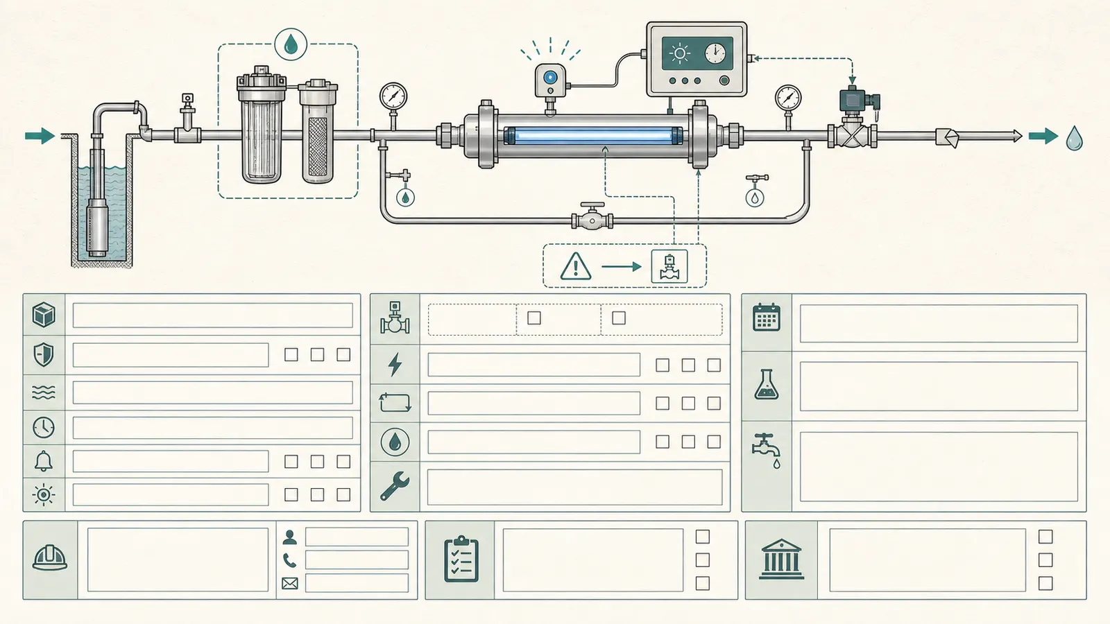 Recordable UV quote specification sheet with model, class, sensors, valve, and bypass fields