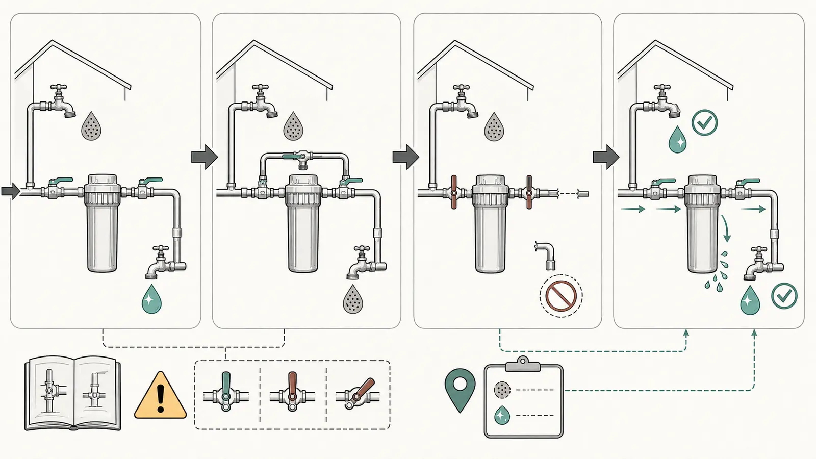 Filter normal, bypass, and service states with outdoor branch outcomes