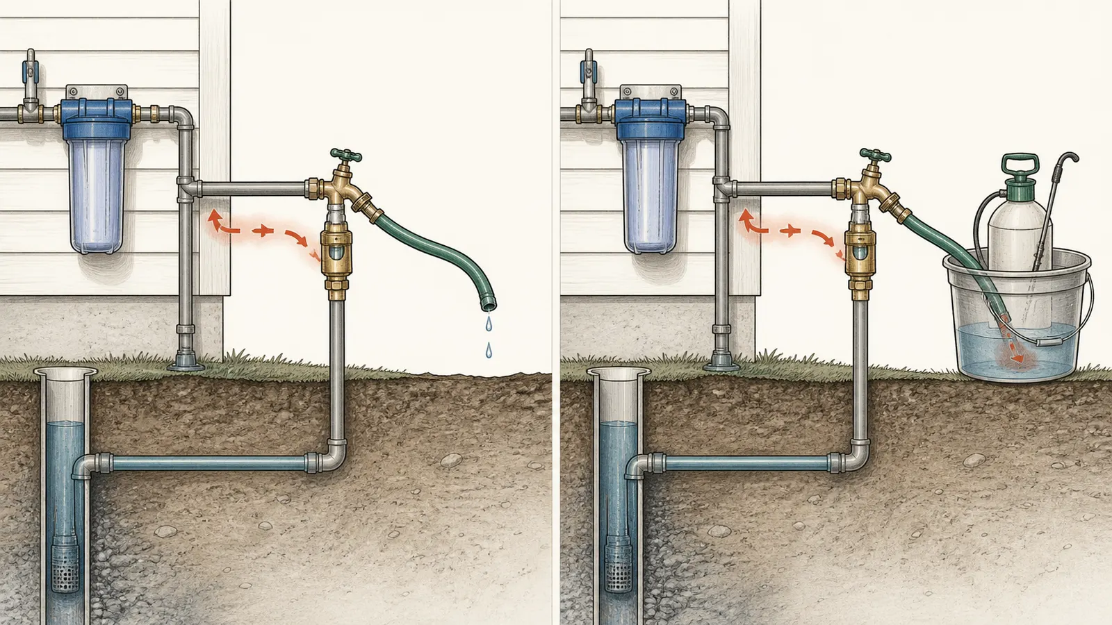 Outdoor hose bib with hose, submerged end, and backflow protection