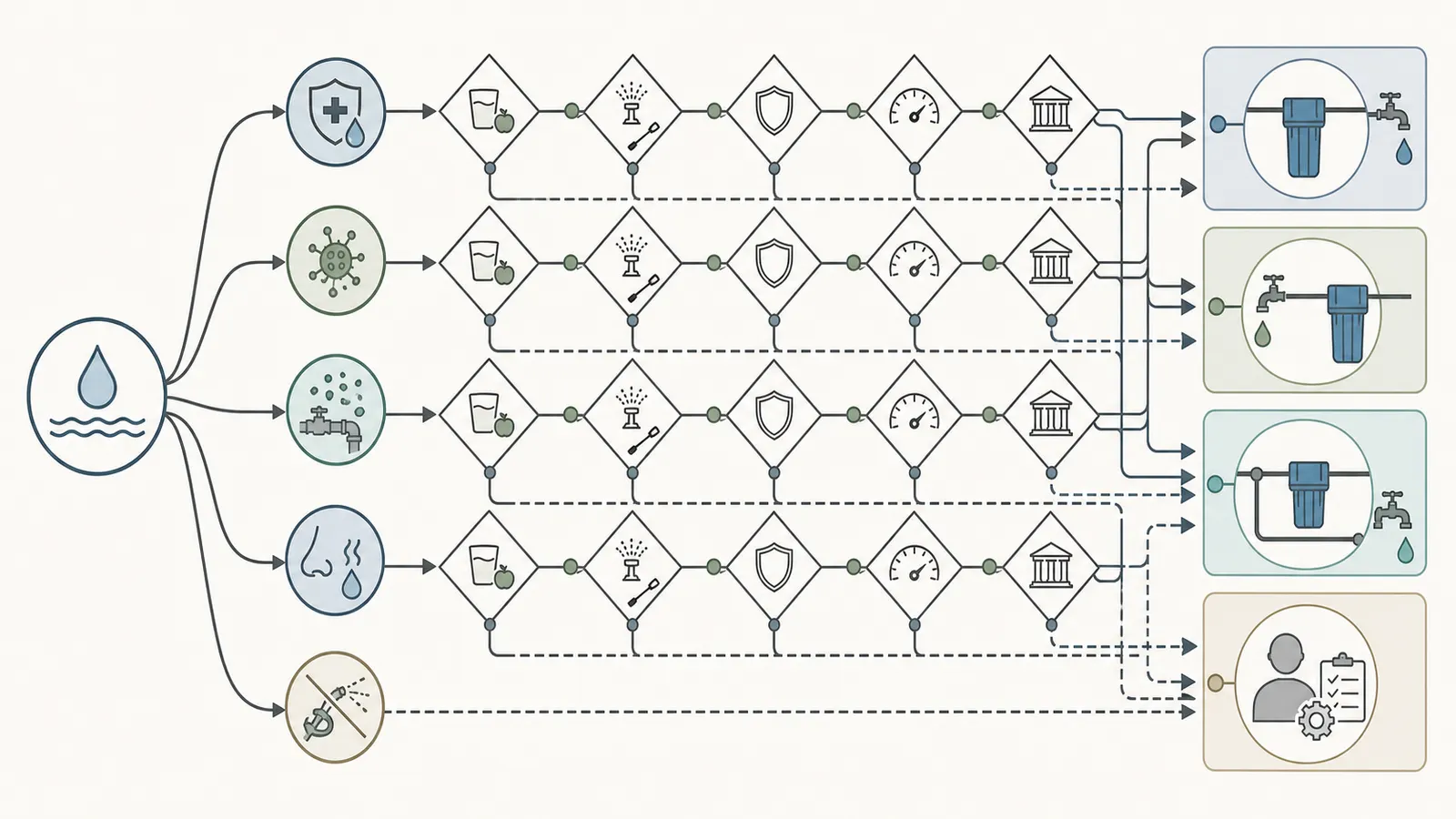 Decision map from treatment purpose to filtered or upstream outdoor taps
