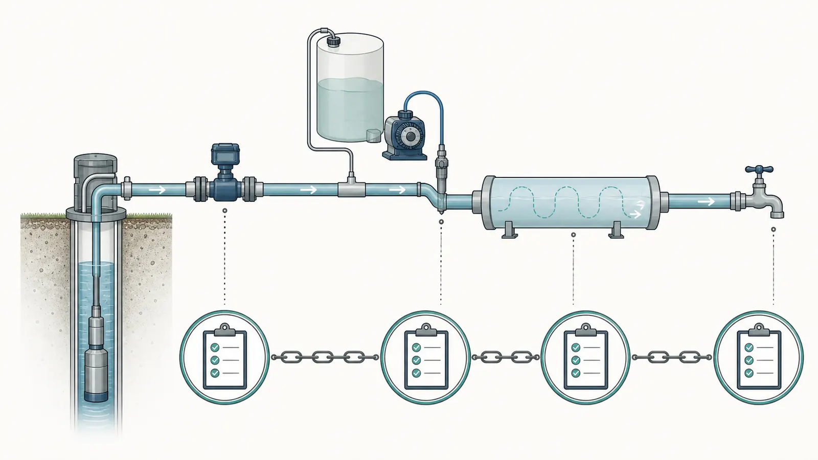 A private-well chlorination line showing flow, chemical feed, contact stage, and residual sample points.