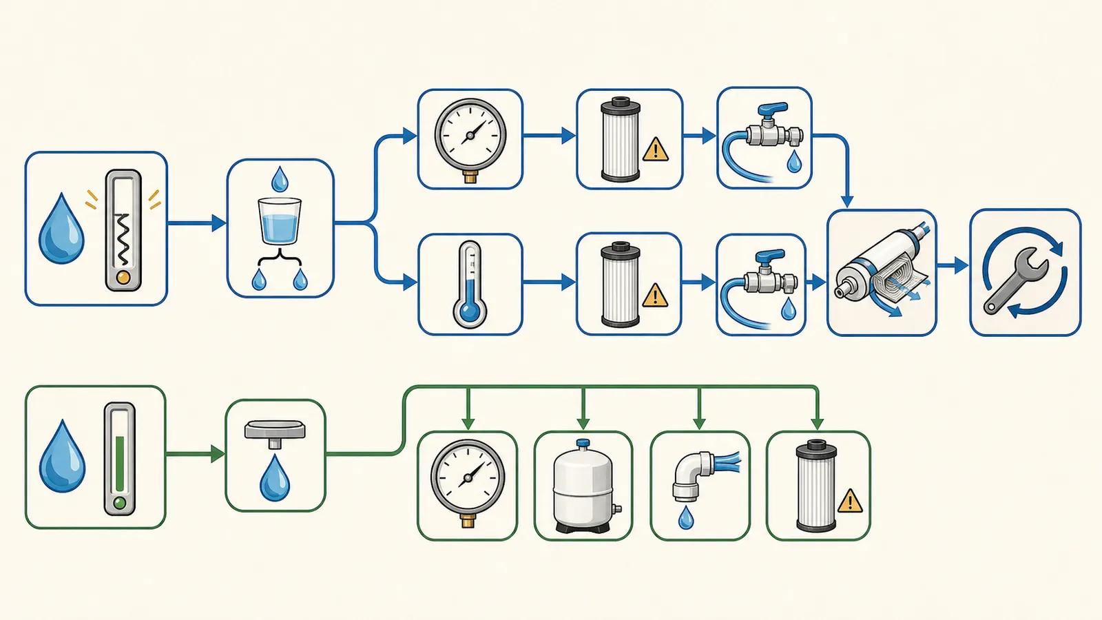 Decision map for low RO rejection versus low flow and tank or blending causes