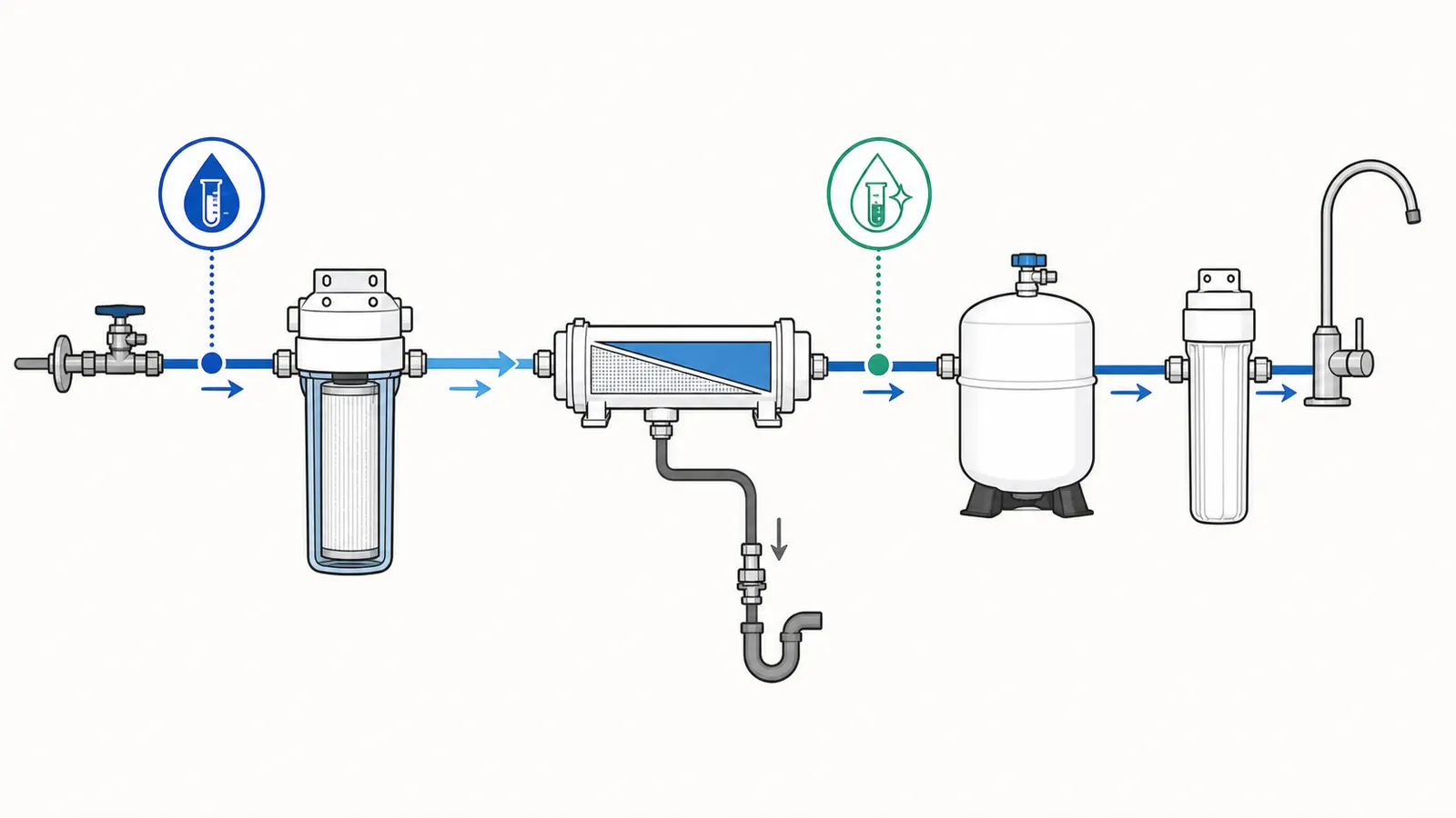 RO plumbing diagram showing feed, membrane permeate, tank, faucet, reject, and post-treatment sample points