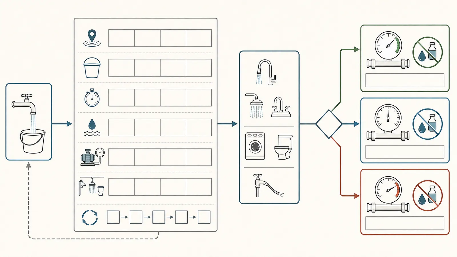 Peak-demand worksheet branching from single-fixture flow to simultaneous household demand and pressure observations