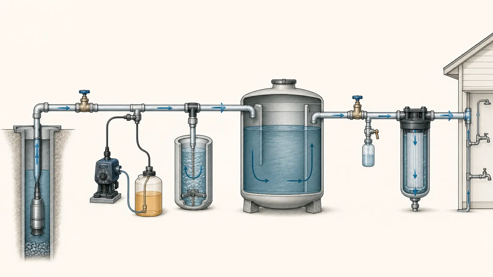 Continuous chlorination train with chemical feed, contact volume, residual test point, and post-filter