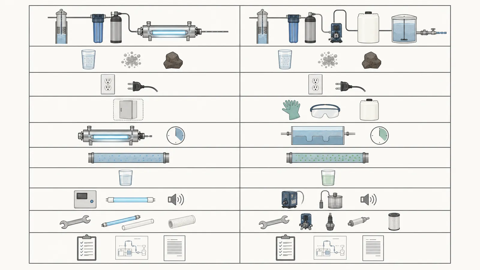 UV and continuous chlorination compared across water quality, power, residual, maintenance, and household fit
