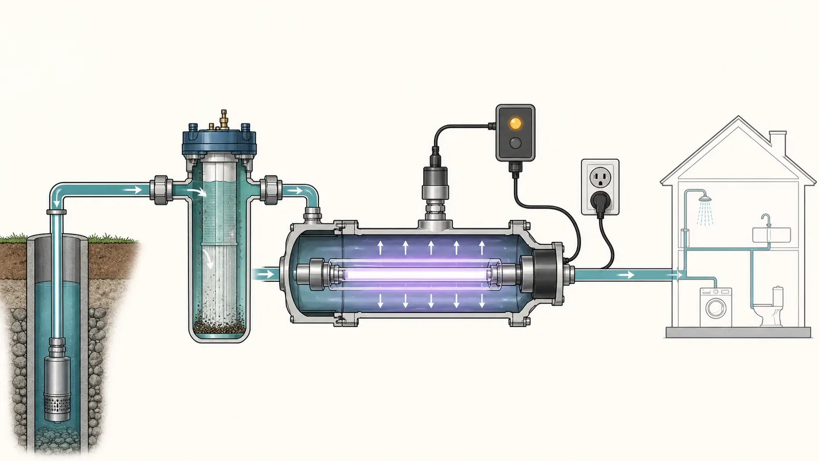 Point-of-entry UV train with sediment pretreatment, UV chamber, alarm, and home plumbing