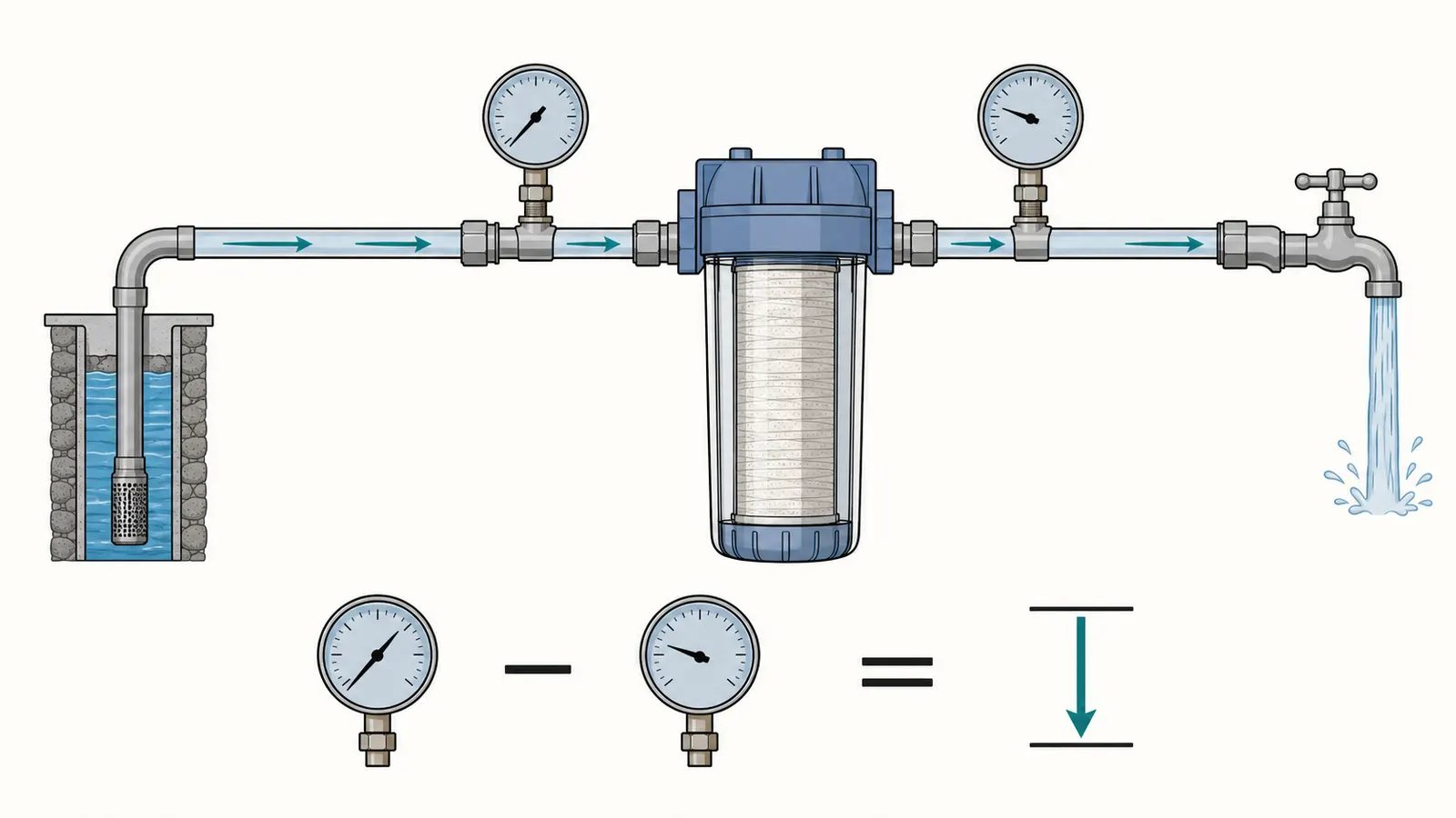 Pressure gauges before and after a whole-house sediment filter during a repeatable flow test