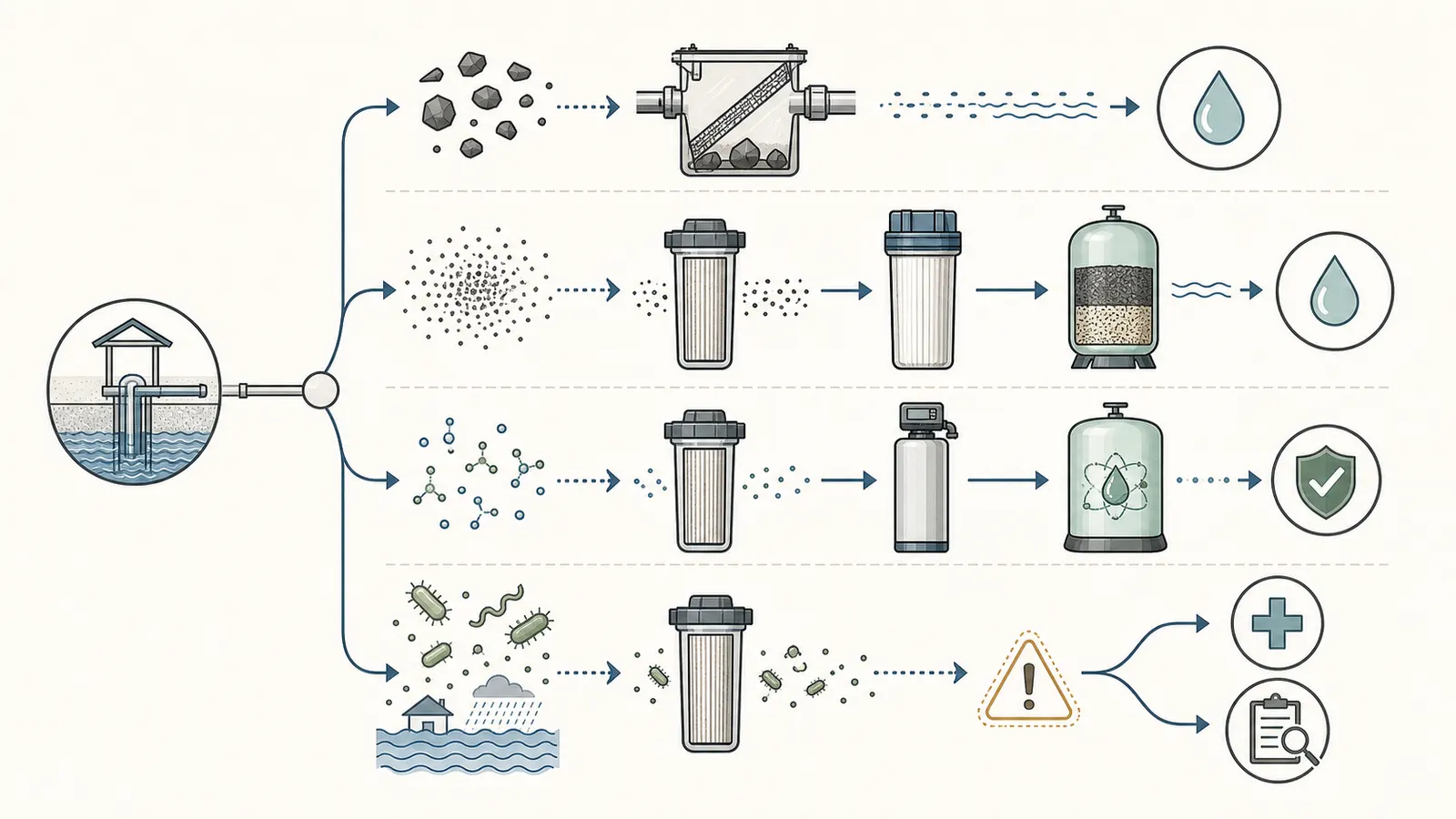 Escalation path from coarse sediment to separator, cartridge train, or media filter