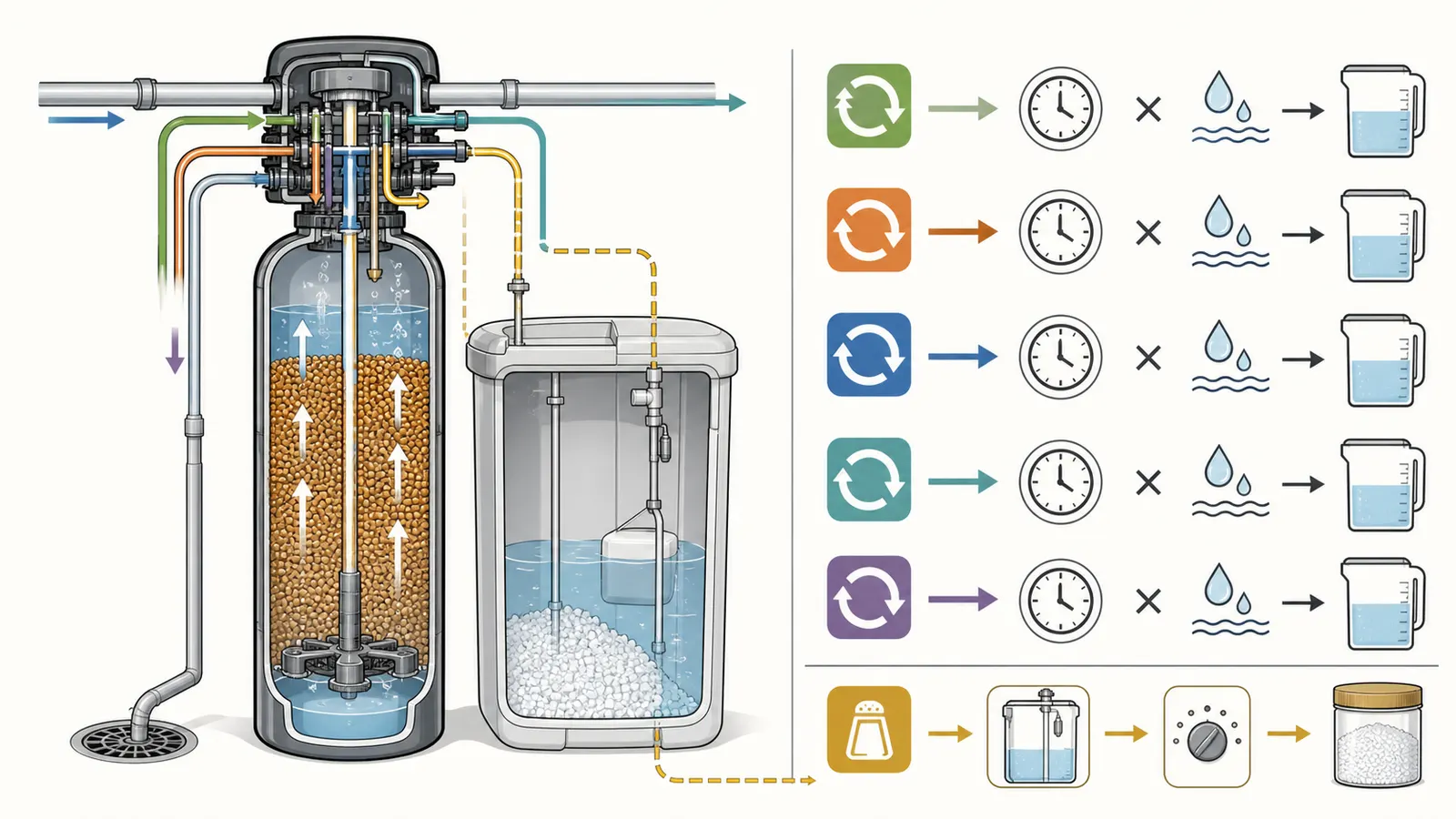 A softener regeneration cycle showing backwash, brine rinse, rapid rinse, refill, and drain flow