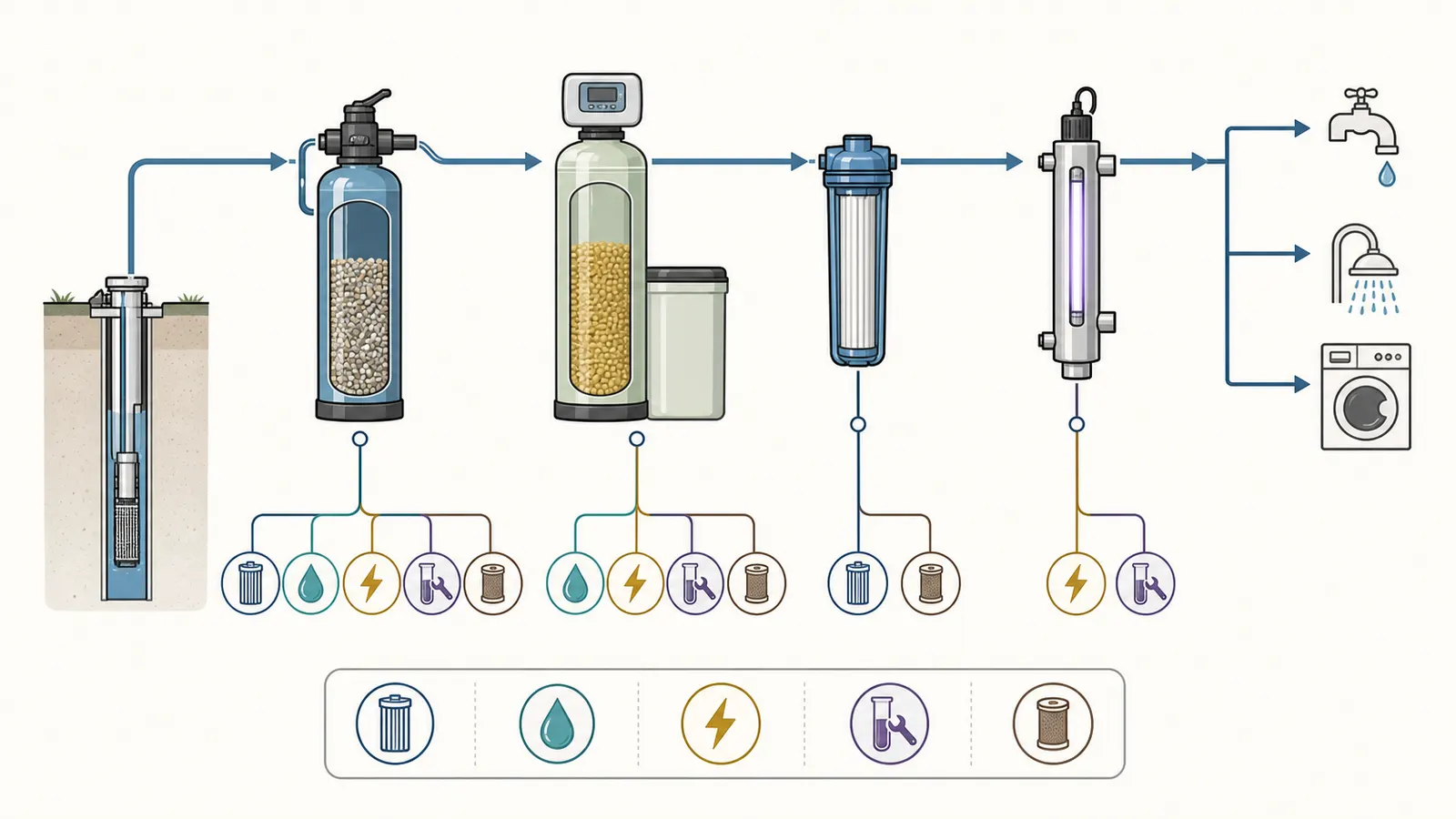 A well-water treatment train mapped to consumables, drain water, electricity, testing, service, and replacement costs