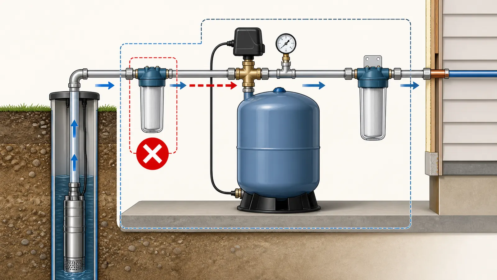 Private-well pressure tank and pressure switch before a cartridge filter, with a prohibited pre-tank branch marked