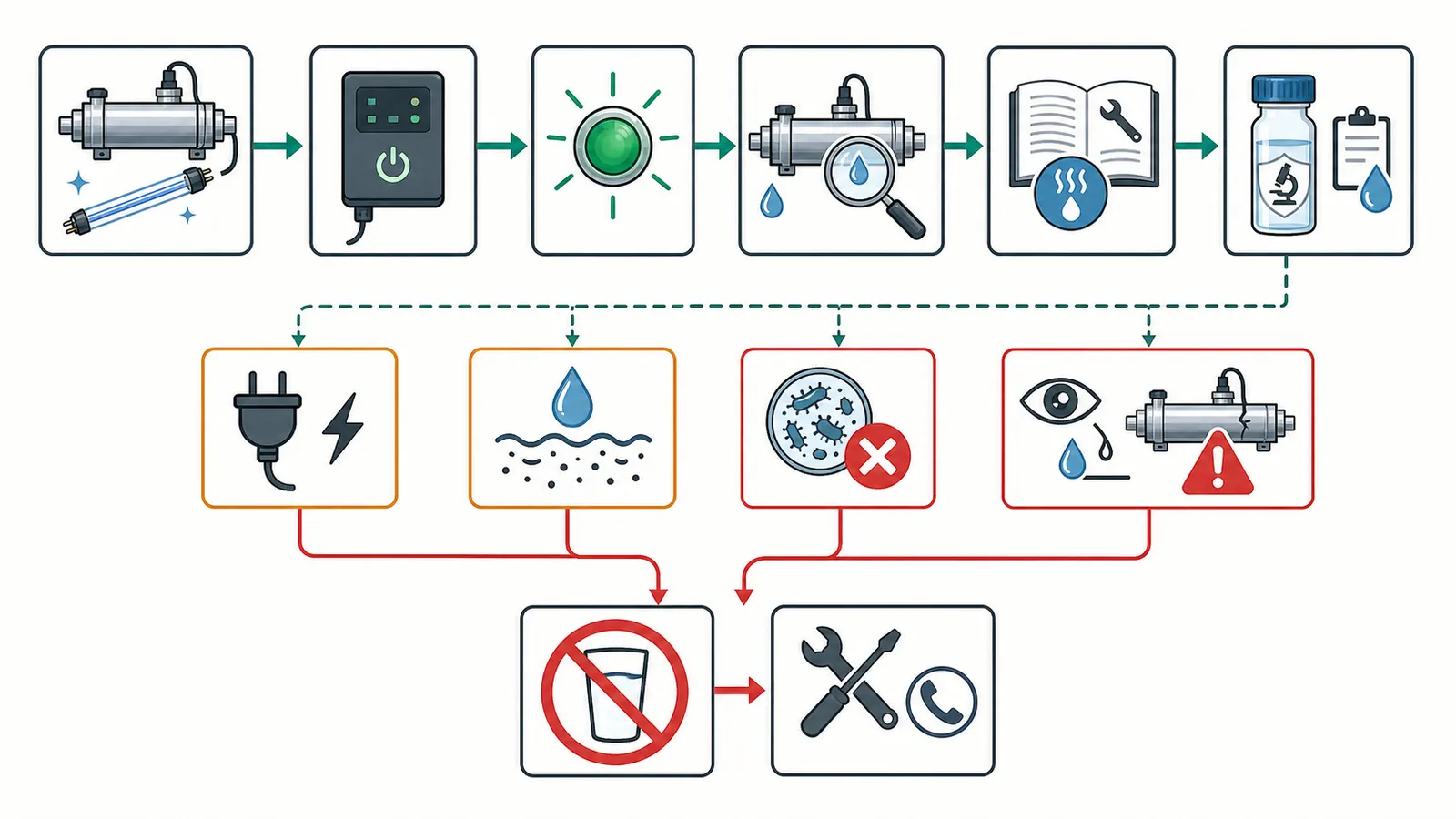 Post-service flow from leak-free restart and alarm check to certified-lab water testing or escalation