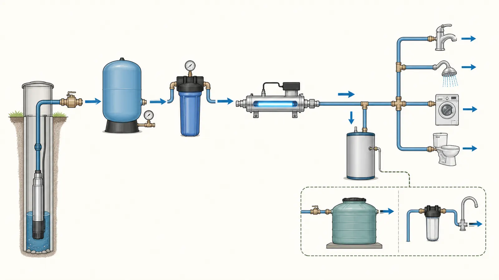 A labeled private-well treatment train showing the pressure tank, pretreatment, UV reactor, water heater, and branches.