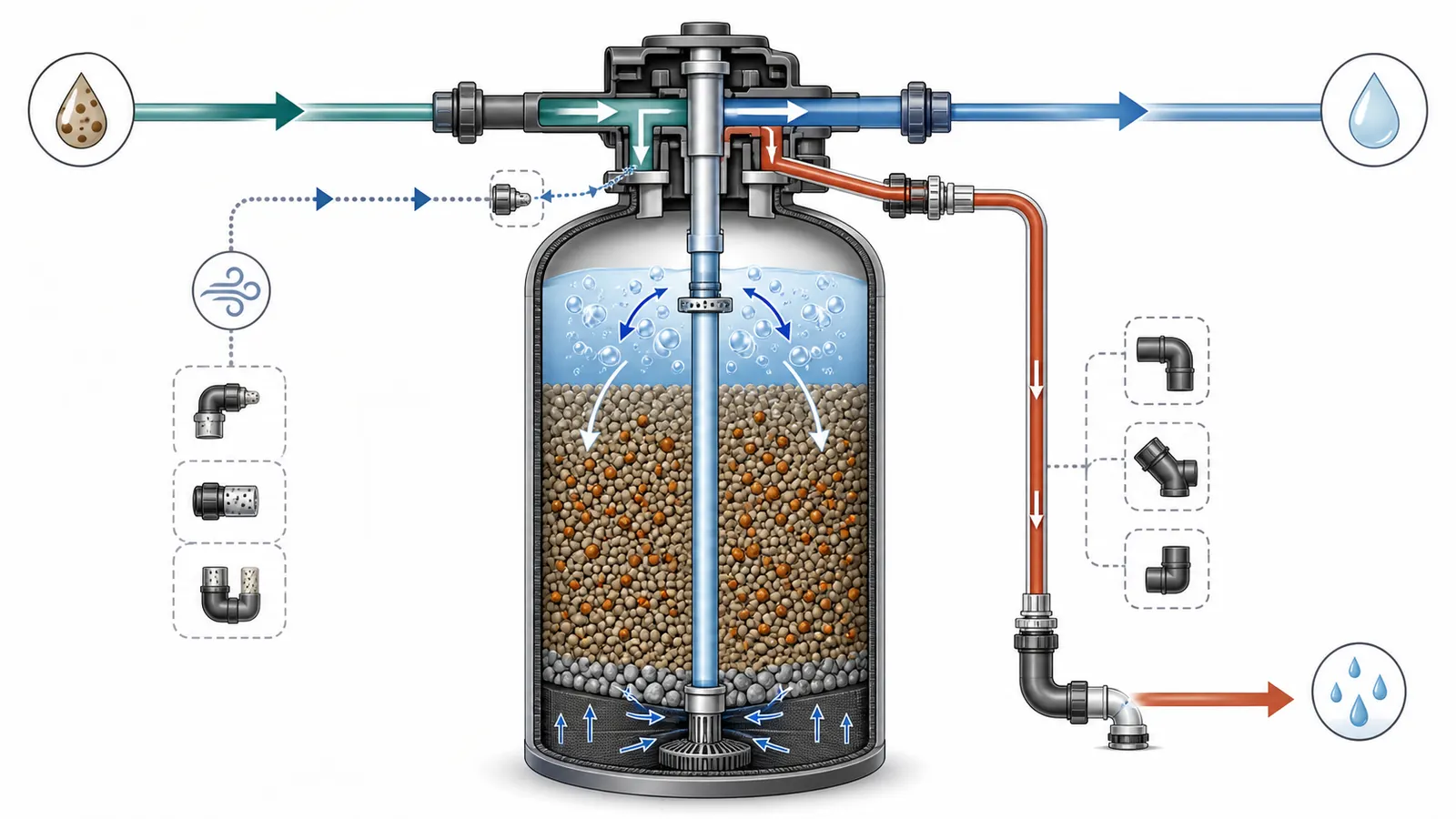 Cutaway of a well-water air-injection iron filter showing service, backwash, air draw, and drain paths