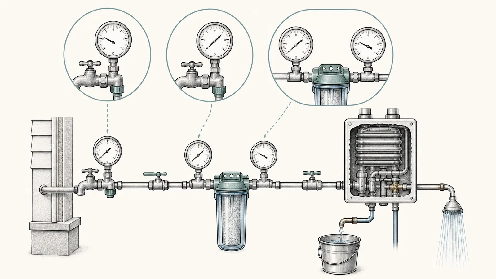 Cutaway showing a pressure gauge and bucket flow test at a heater-side hose connection