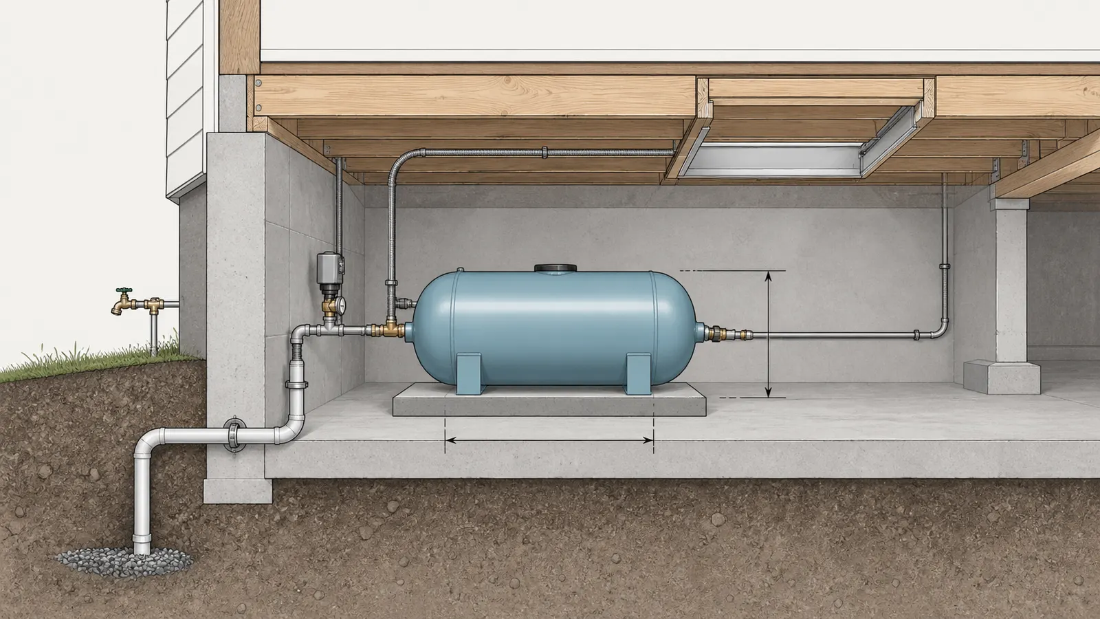 Crawl-space cutaway showing access opening, tank envelope, joist clearance, and drain path