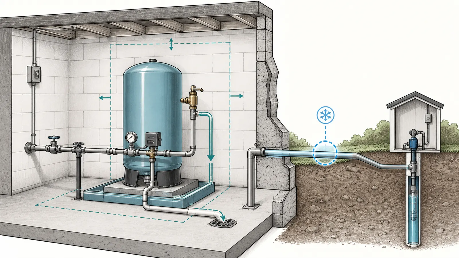 Basement utility-room cutaway showing tank support, drip pan, drain, clearance, and exposed freeze points