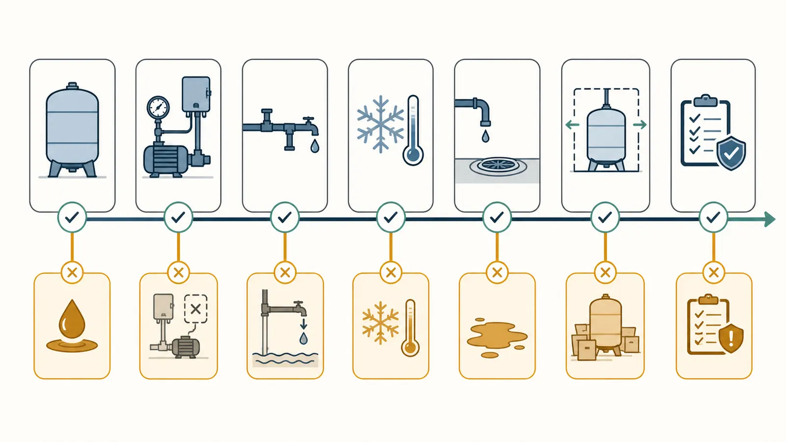 Decision map showing when a well pressure tank move is feasible, review-only, or a stop